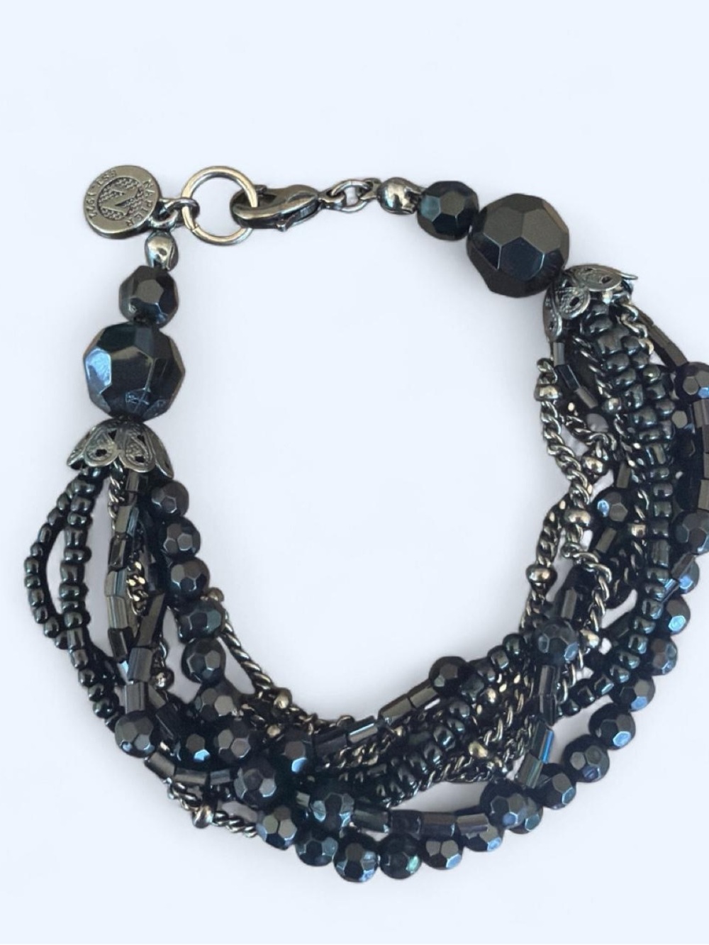 Vintage Napier Signed Multi-Strand Black Gunmetal Beaded Bracelet